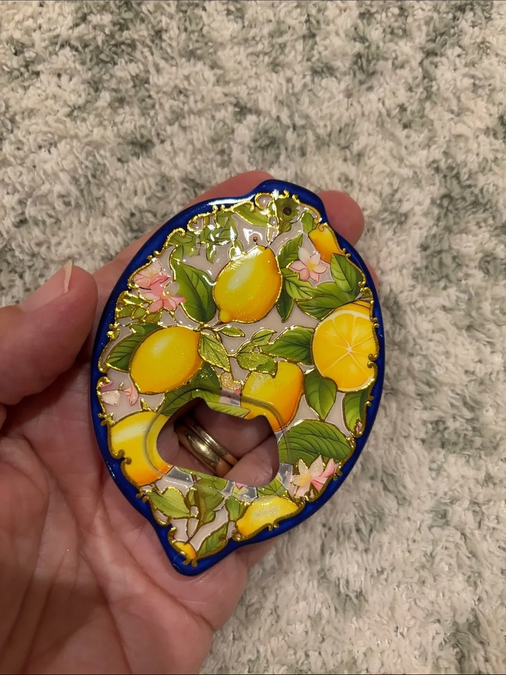Lemon-Shaped Bottle Opener Pink Lemon Floral NWT 3.50”x2.50”